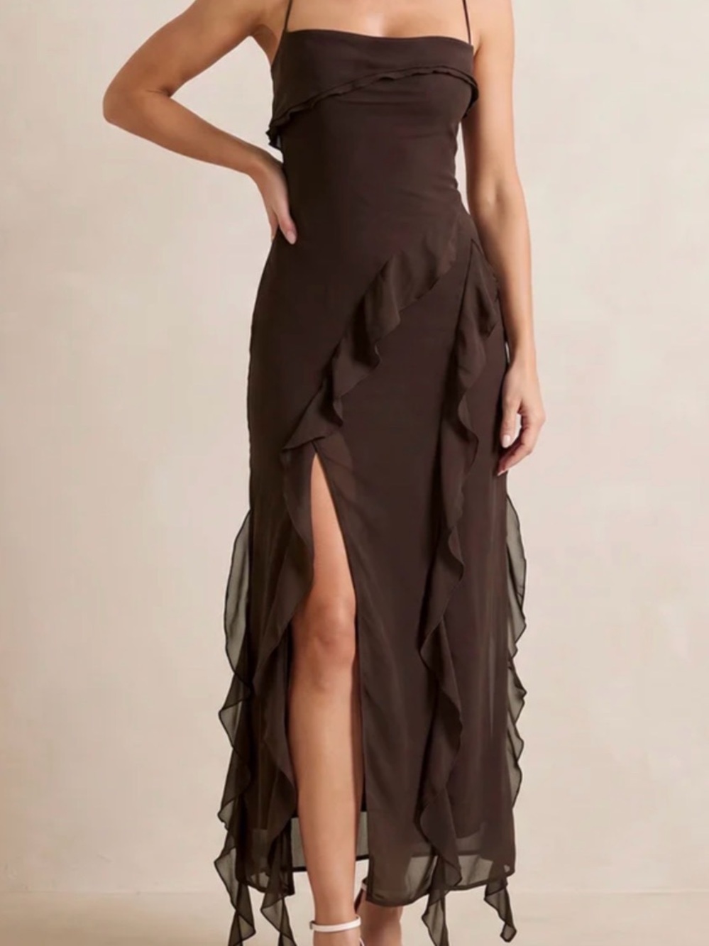Showpo Brown Ruffled Maxi Dress with Side Slit